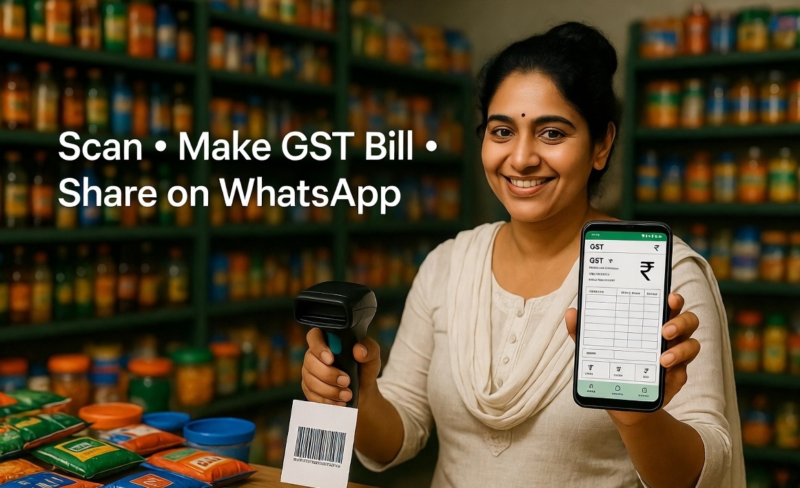 Indian kirana shop owner using mobile for billing